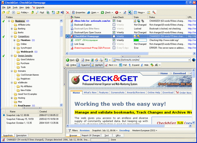 ActiveURLs Check&Get - Web-Monitor, Bookmark Manager and Web-Page Archiver Screenshot