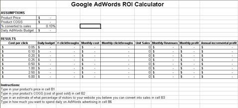 AdWords ROI Calculator Screenshot