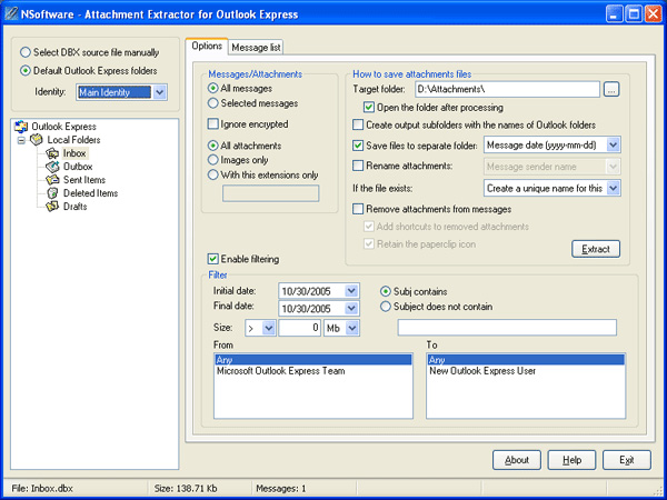 Attachment Extractor for Outlook Express Screenshot