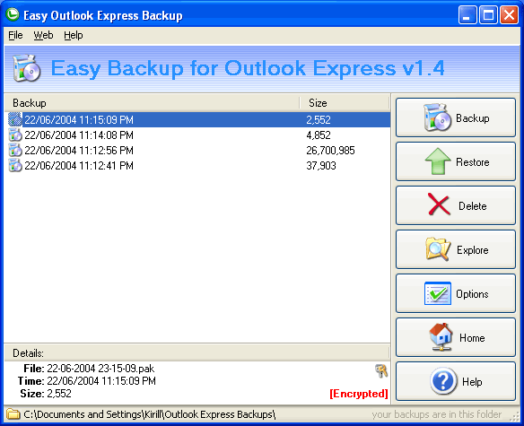 Backup for Outlook Express Screenshot