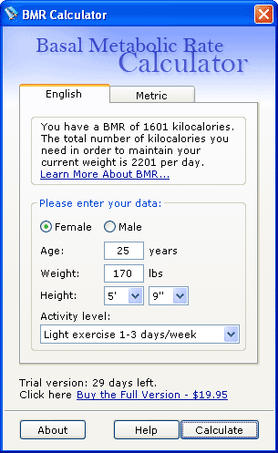 Basal Metabolic Rate Calculator Screenshot
