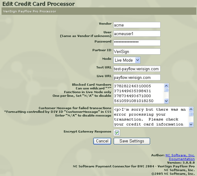BVCommerce 2004 Credit Card Processors Screenshot