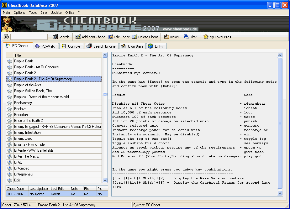 CheatBook-DataBase 2007 Screenshot