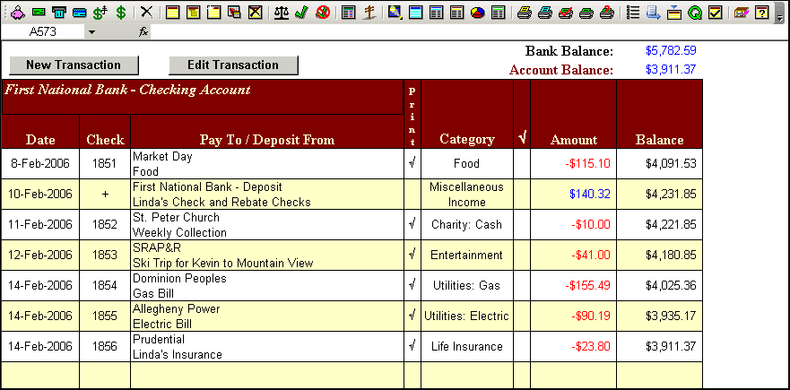 Checkbook for Excel Screenshot