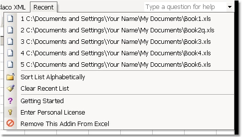 Excel Recent File List Software Screenshot