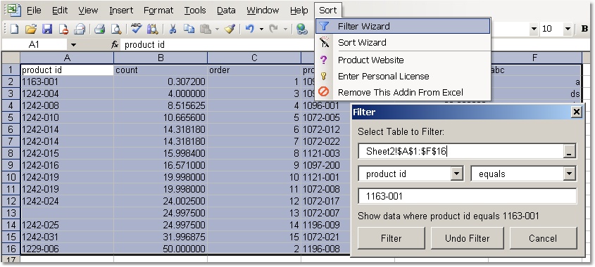 Excel Sort & Filter List Software Screenshot