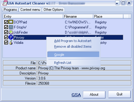 GSA Autostart Cleaner Screenshot