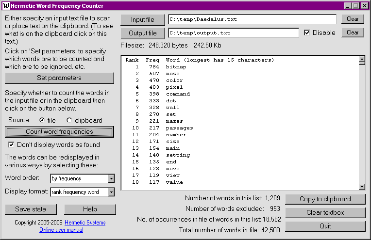 Hermetic Word Frequency Counter Screenshot