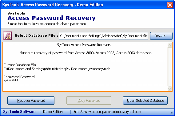 MS Access Password Recovery Screenshot