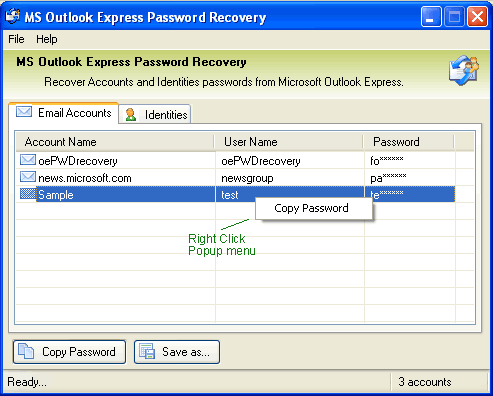 MS Outlook Express Password Recovery Screenshot