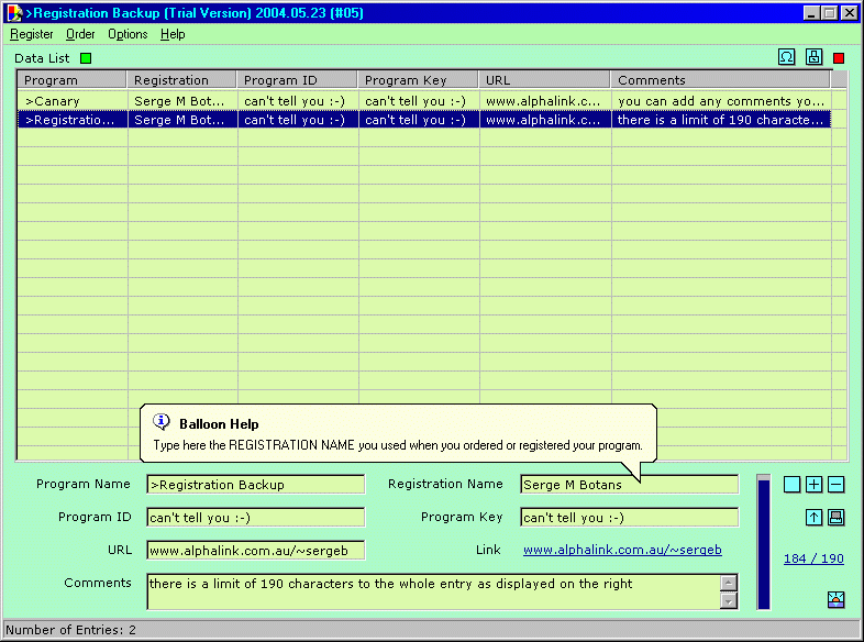Registration Backup Screenshot