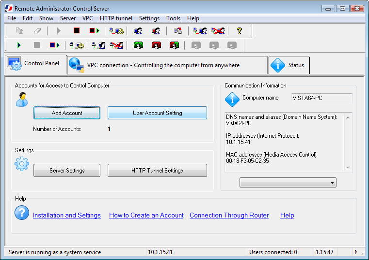 Remote Administrator Control Server Screenshot