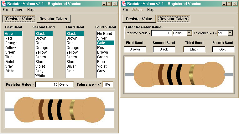 Resistor Values Screenshot