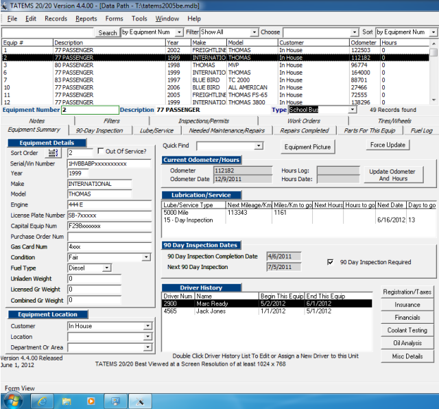 TATEMS Fleet Maintenance Software Screenshot