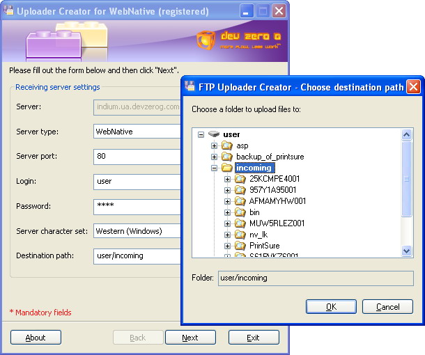 Upload Client Creator for WebNative (Windows) Screenshot