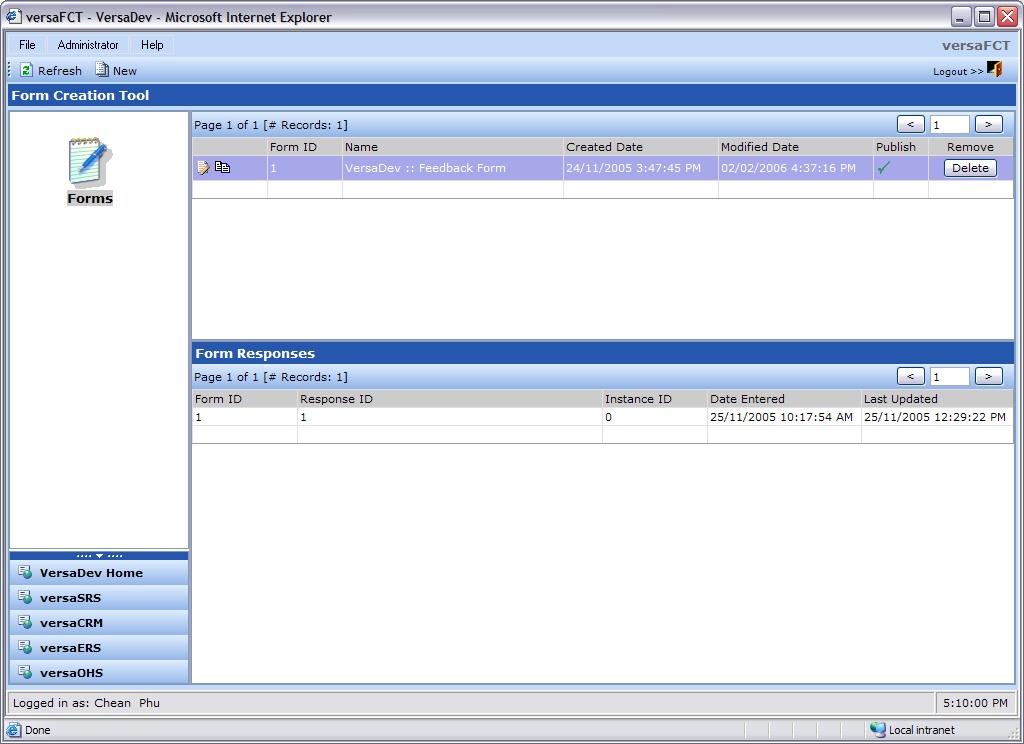 VersaFCT Web Form Tool Screenshot
