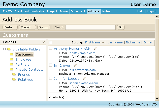 WebAsyst Address Book Screenshot