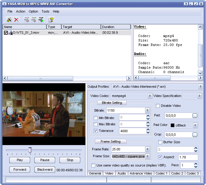 YASA MOV to MPEG WMV AVI Converter Screenshot
