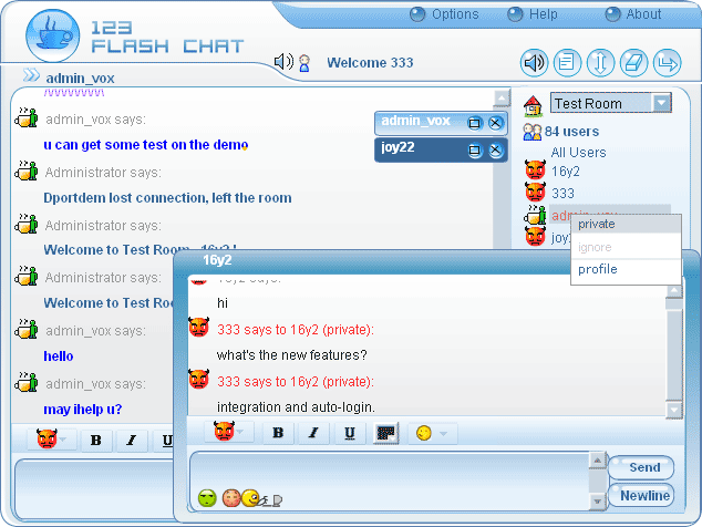 123 Flash Chat Server Software Windows Client Screenshot