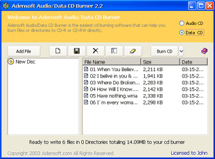 Adensoft Audio/Data CD Burner Screenshot