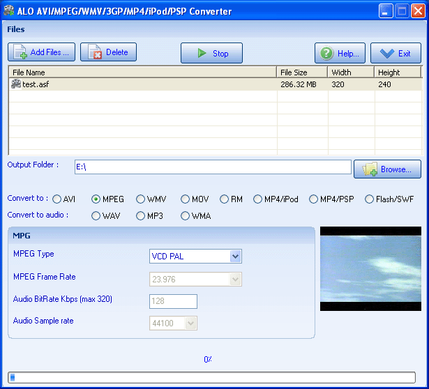 ALO AVI MPEG WMV 3GP MP4 iPod PSP Converter 2007 Screenshot