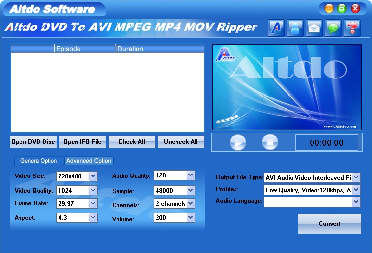 Altdo DVD to AVI MPEG MP4 MOV Ripper Screenshot