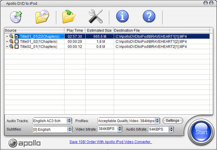 Apollo DVD to iPod Screenshot