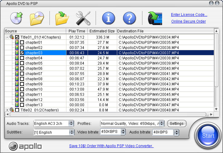 Apollo DVD to PSP Screenshot