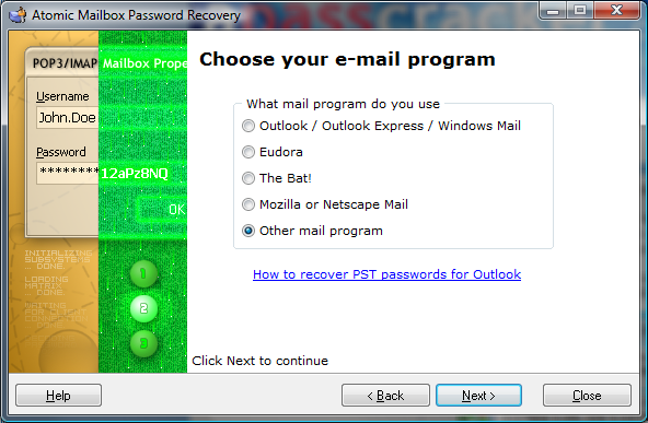 Atomic Mailbox Password Recovery Screenshot
