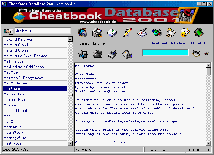 CheatBook-DataBase 2001 Screenshot