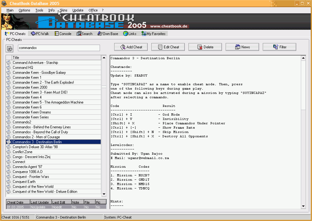 CheatBook-DataBase 2005 Screenshot