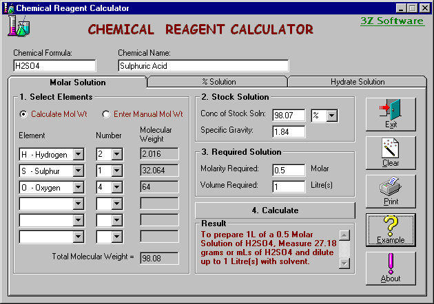 Chemical Reagent Calculator Screenshot