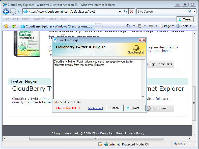 CloudBerry Twitter plug-in for IE Screenshot