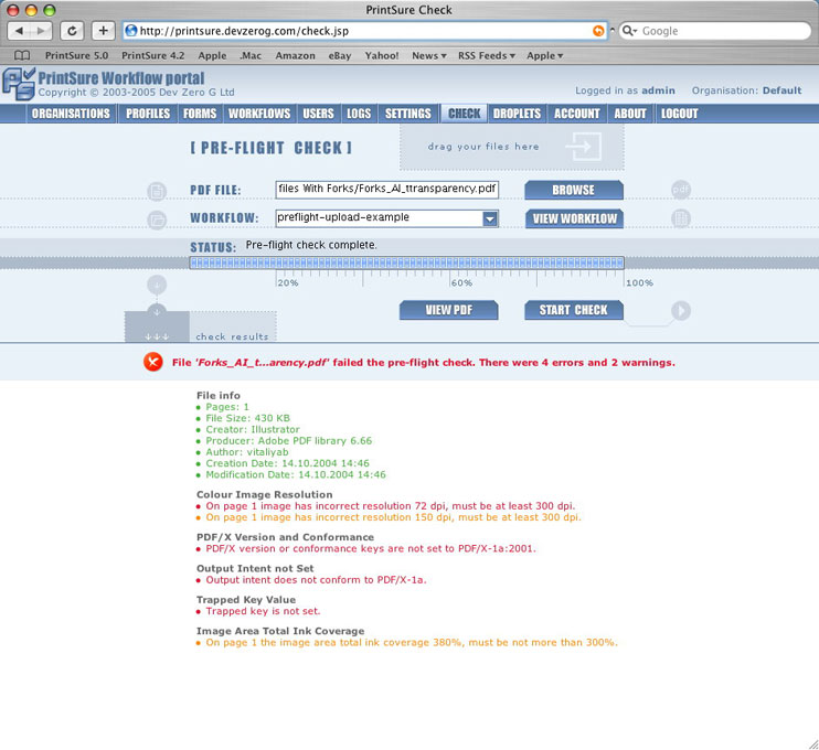Dev Zero G PrintSure free online PDF pre-flight checking service Screenshot