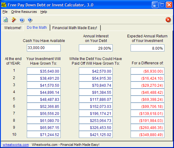 Free Pay Down Debt or Invest Calculator Screenshot