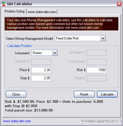 FREE Trade Position Size Calculator Screenshot