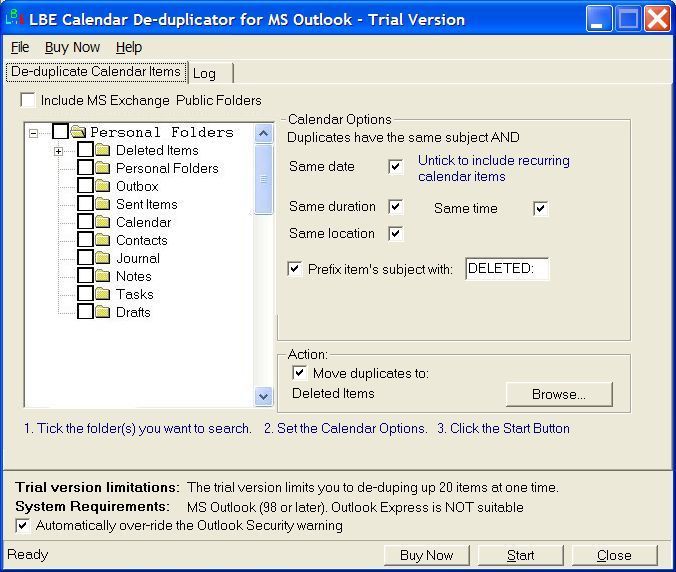 LBE Calendar Deduplicator for MS Outlook Screenshot