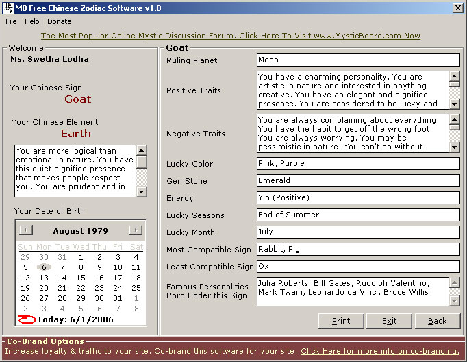 MB Free Chinese Zodiac Software Screenshot