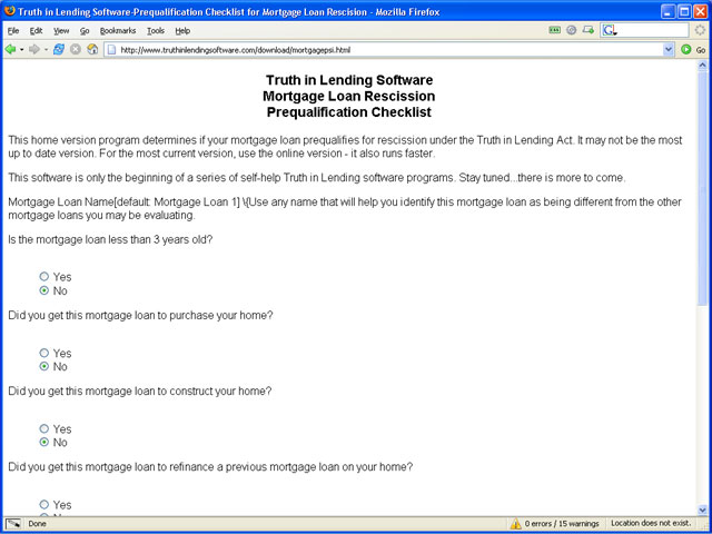 Mortgage Rescision Prequal. Software Screenshot