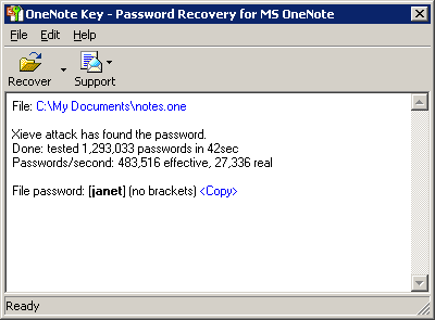 OneNote Password Recovery Key Screenshot