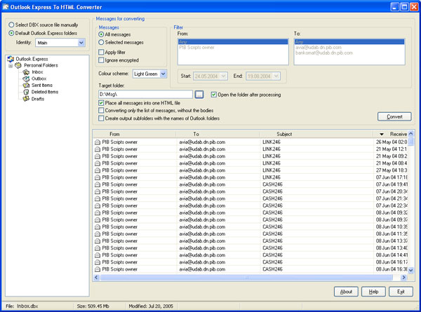Outlook Express To HTML Converter Screenshot
