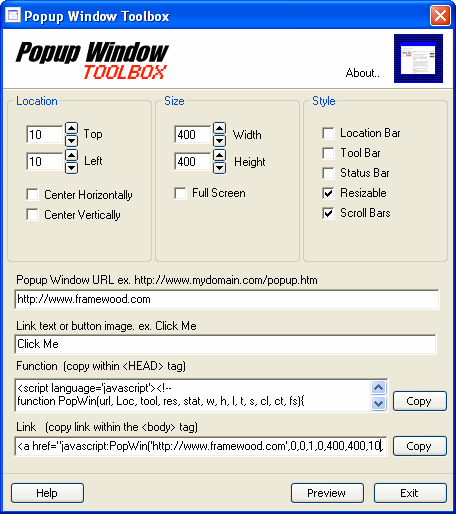 Popup Window Toolbox Screenshot