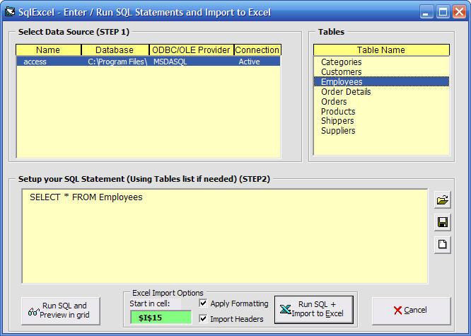 SQL Excel Screenshot