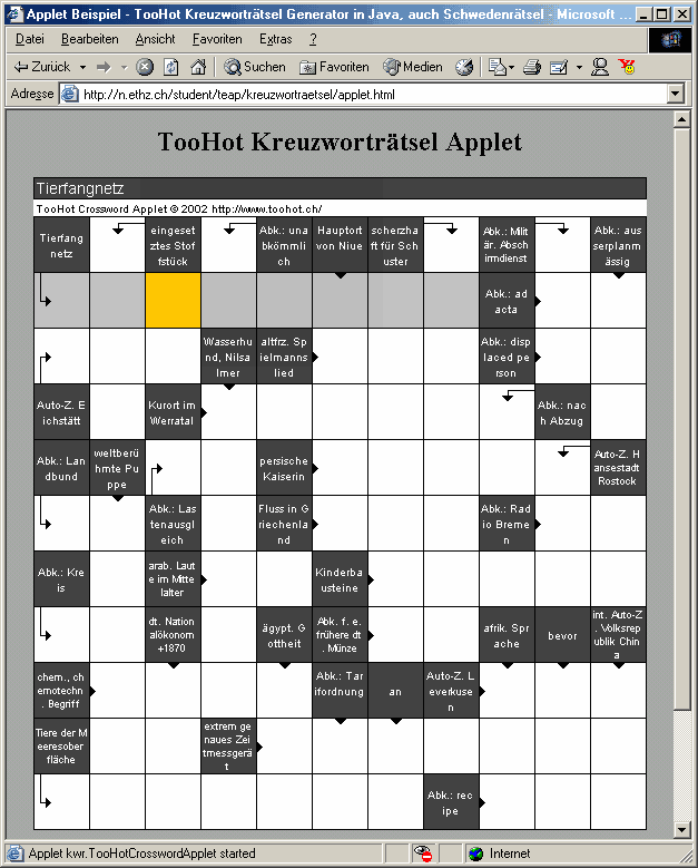TooHot Crossword Puzzle Java Applet Screenshot
