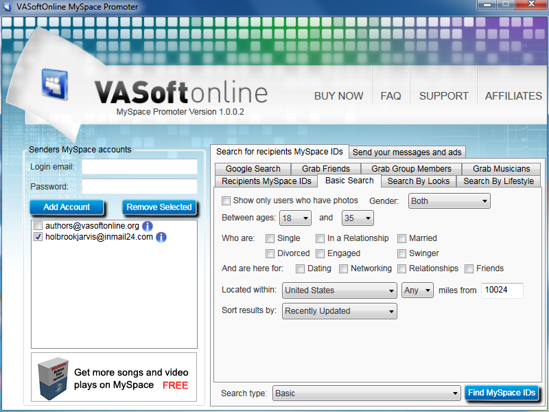 VASoftOnline MySpace Promoter Screenshot